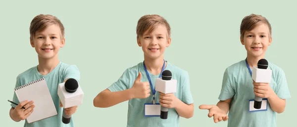 Set Little Journalist Microphone Light Green Background — Fotografia de Stock