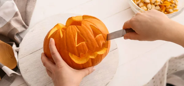 Woman Carving Pumpkin Halloween Table Closeup — Stock Photo, Image