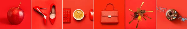 Stylish Collage Different Items Red Background — Zdjęcie stockowe