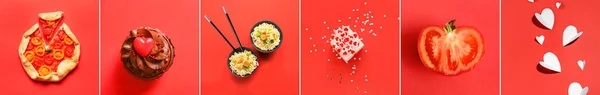 Collection Different Things Red Background Top View — Stockfoto