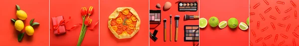Collection Different Items Red Background — Stockfoto