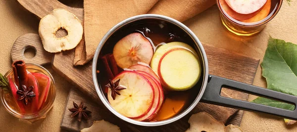 Pot Tasty Mulled Wine Table Top View — Stock Photo, Image