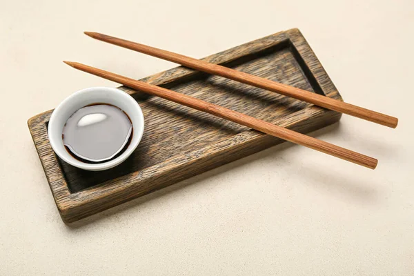 Bowl Soy Sauce Chopsticks Wooden Board White Background — Stockfoto
