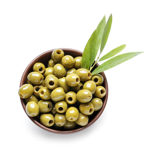 Bowl Full Tasty Green Olives White Background — Stock Photo, Image