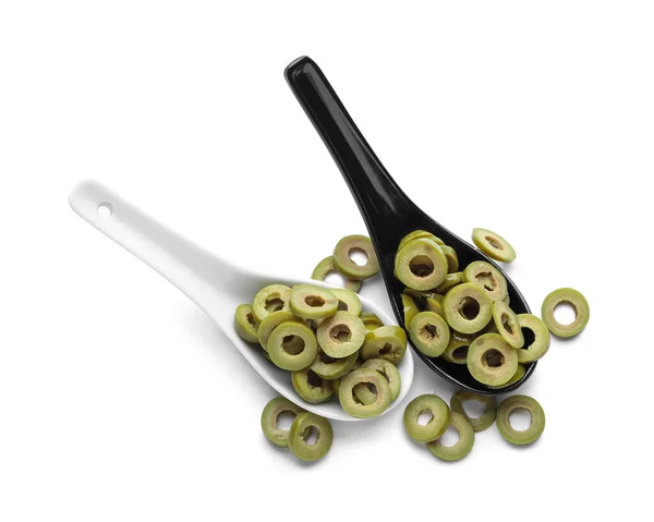 Spoons Slices Tasty Green Olives White Background — 스톡 사진