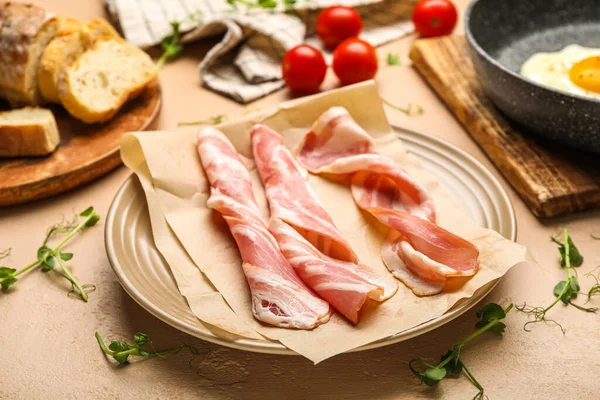 Plate Slices Tasty Raw Bacon Color Table Closeup — Zdjęcie stockowe
