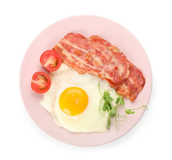 Plate Tasty Fried Egg Bacon White Background — Stock Fotó