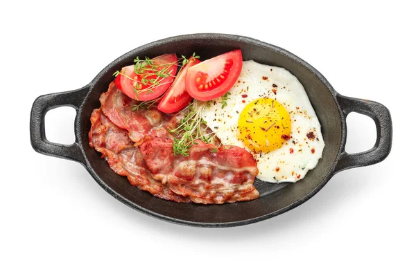 Frying Pan Delicious Fried Egg Bacon Tomatoes White Background — Stock Photo, Image