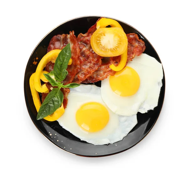 Plate Tasty Fried Eggs Bacon Vegetables White Background — Stock Photo, Image