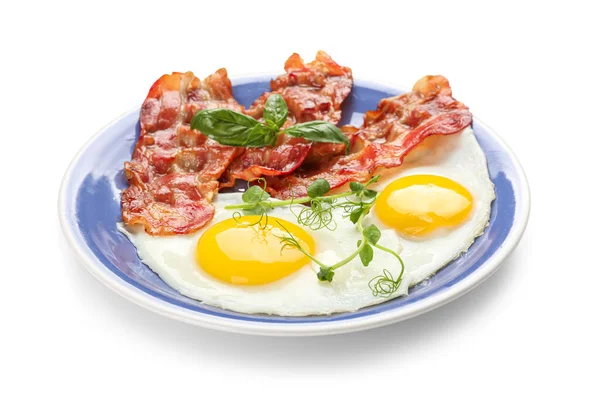 Plate Tasty Fried Eggs Bacon White Background — Foto de Stock