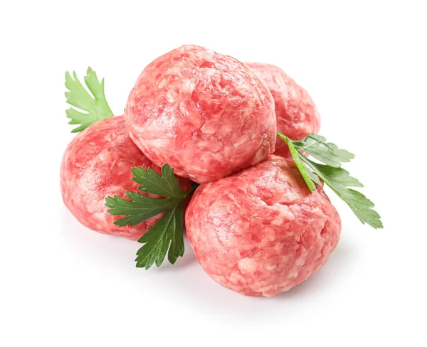 Raw Meat Balls Parsley White Background — Zdjęcie stockowe