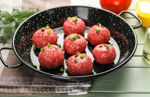 Baking Dish Raw Meat Balls Cut Green Onion Color Wooden — Foto Stock