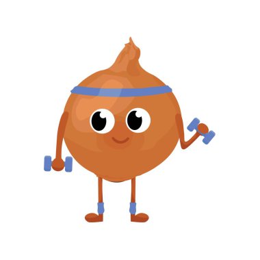 Funny sporty onion with dumbbells on white background