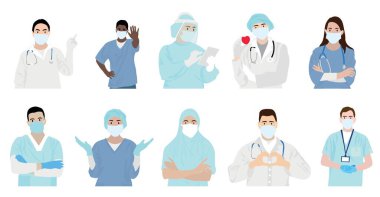 Set of doctors wearing medical masks on white background