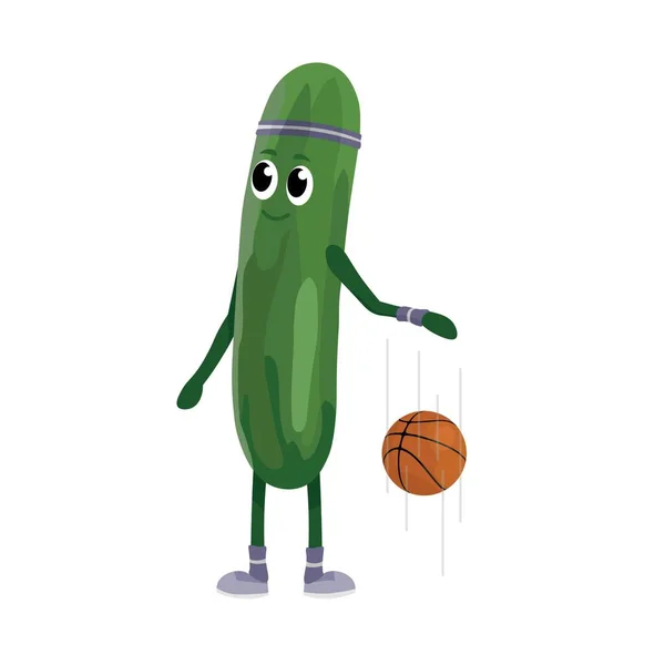 Funny Sporty Cucumber Ball Playing Basketball White Background — 图库矢量图片