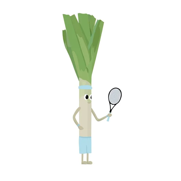 Funny Sporty Leek Onion Tennis Racket White Background — Vector de stock
