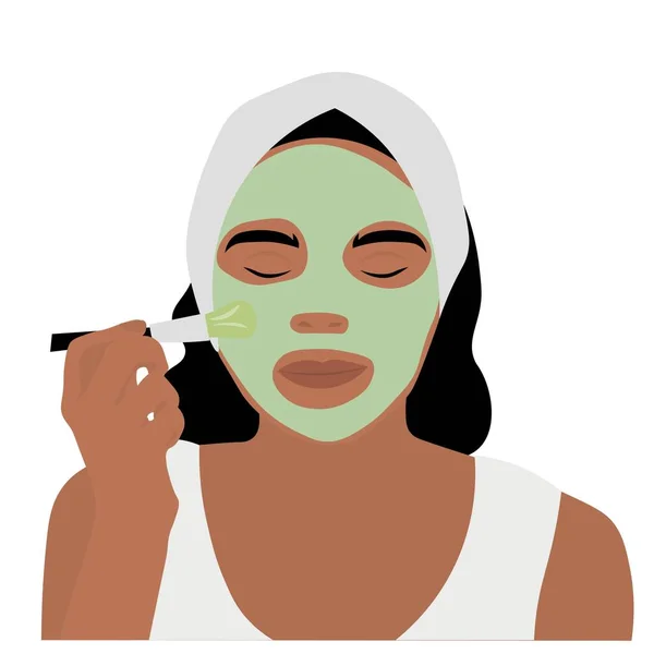 Beautiful Woman Applying Facial Mask White Background — Vetor de Stock