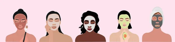 Set Beautiful Women Facial Masks Light Background — Stockvektor