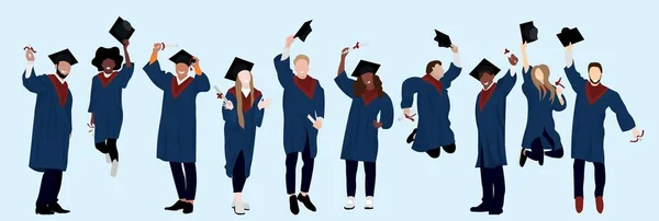 Set Happy Graduating Students Light Background — Stok Vektör