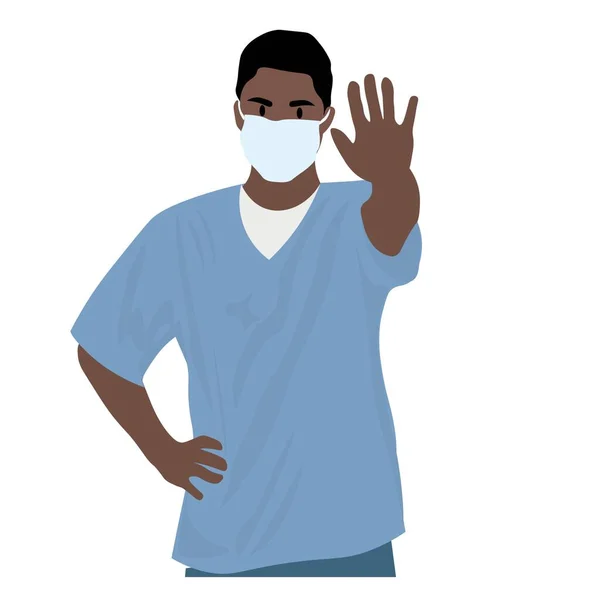 African American Doctor Wearing Medical Mask Showing Stop Gesture White — Stok Vektör