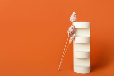 Empty showcase pedestal and floral decor on color background