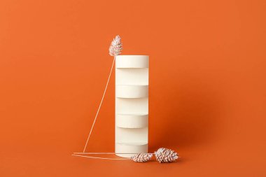 Empty showcase pedestal and floral decor on color background