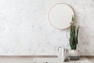 Basket with plaid, cactus and mirror hanging on light wall