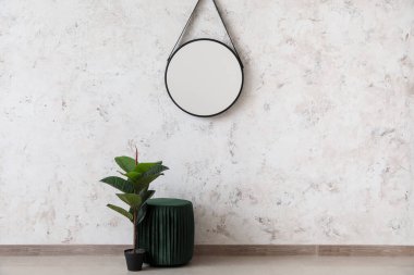 Stylish pouf, houseplant and mirror hanging on light wall