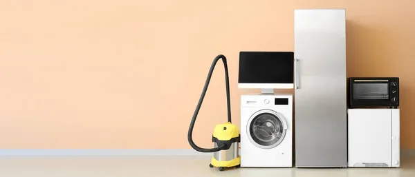 Different Household Appliances Beige Background Space Text — 스톡 사진