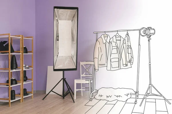 New Interior Modern Photo Studio Hanger Clothes — ストック写真