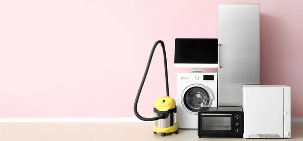 Different Household Appliances Light Background Space Text — Stockfoto