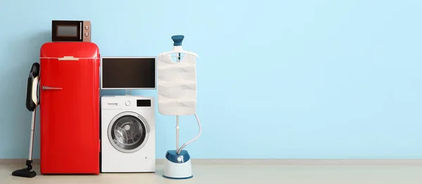 Stylish Household Appliances Light Blue Background Space Text — 스톡 사진