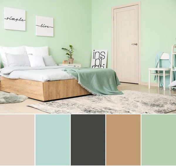 Interior Modern Stylish Bedroom Mint Walls Different Color Patterns — Stockfoto