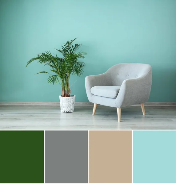 Comfortable Armchair Houseplant Turquoise Wall Room Different Color Patterns — ストック写真