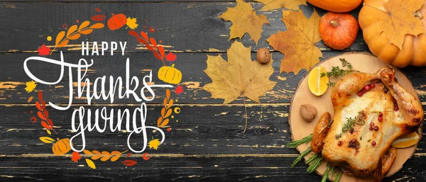 Greeting Card Tasty Baked Turkey Pumpkins Thanksgiving Day Dark Wooden — Stockfoto