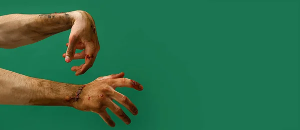 Hands Zombie Green Background Space Text Halloween Concept — Zdjęcie stockowe