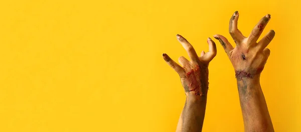 Hands Zombie Yellow Background Space Text Halloween Concept — Zdjęcie stockowe