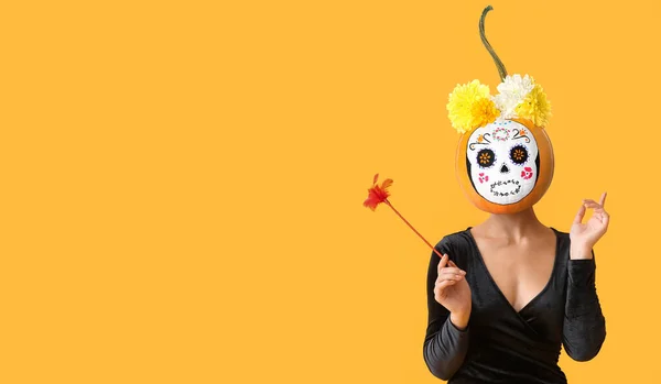 Woman Pumpkin Instead Her Head Yellow Background Space Text Halloween — Stock Photo, Image