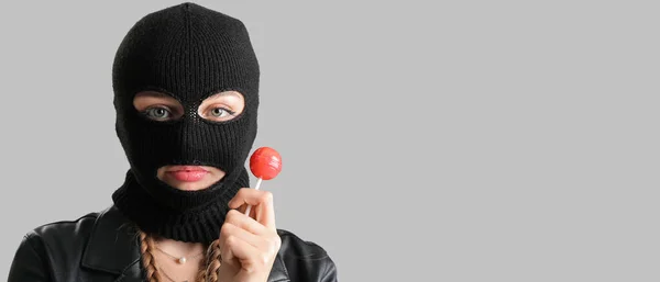Young Woman Balaclava Lollipop Grey Background Space Text — 스톡 사진