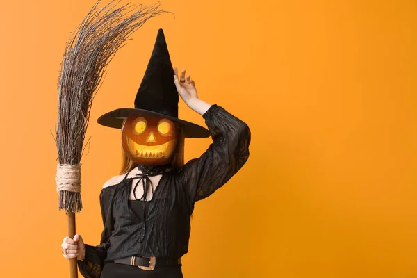 Witch Halloween Pumpkin Instead Her Head Orange Background — Stock Fotó