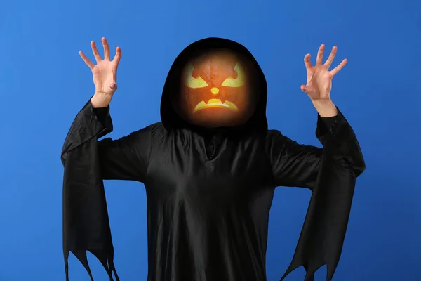 Halloween Monster Carved Pumpkin Instead His Head Blue Background — ストック写真