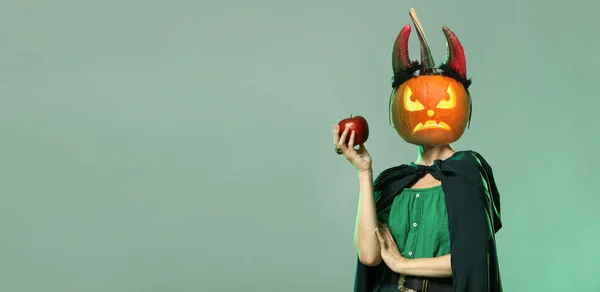 Witch Halloween Pumpkin Instead Her Head Green Background Space Text —  Fotos de Stock