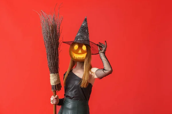 Witch Halloween Pumpkin Instead Her Head Red Background — 图库照片