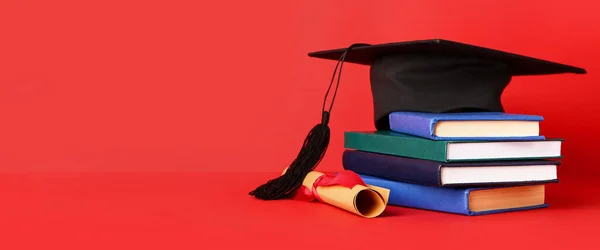Graduation Hat Diploma Books Red Background Space Text — 图库照片