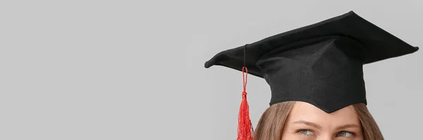 Female Graduating Student Grey Background Space Text Closeup — Zdjęcie stockowe