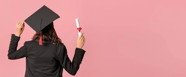 Female Graduating Student Diploma Pink Background Space Text Back View — Stock fotografie