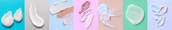 Samples Different Creams Colorful Background — Stockfoto