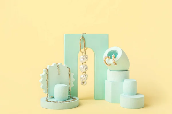 Showcase Pedestals Stylish Jewelry Color Background — Stockfoto