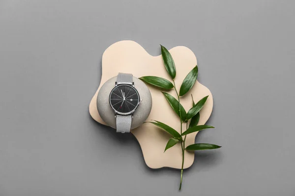 Showcase Pedestal Wristwatch Plant Branch Grey Background — Zdjęcie stockowe
