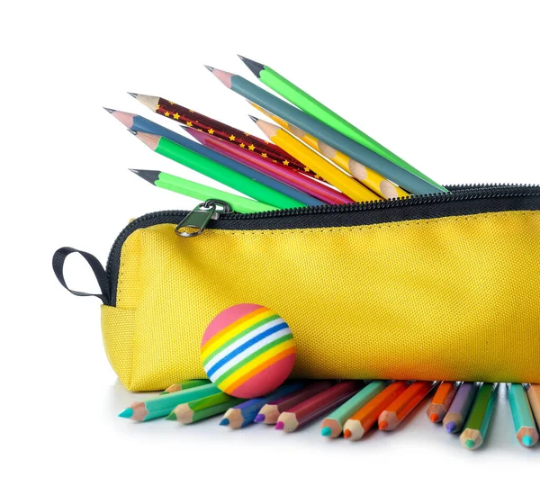 Yellow Case Pencils Eraser White Background — Foto de Stock